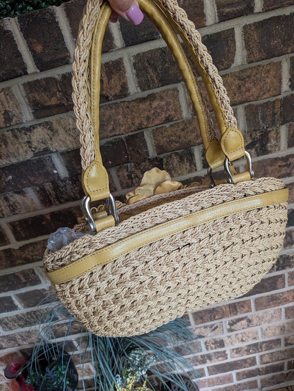 Brighton Soft Woven Handbag with Yellow Leather Floral Trim - Picture 5 of 11